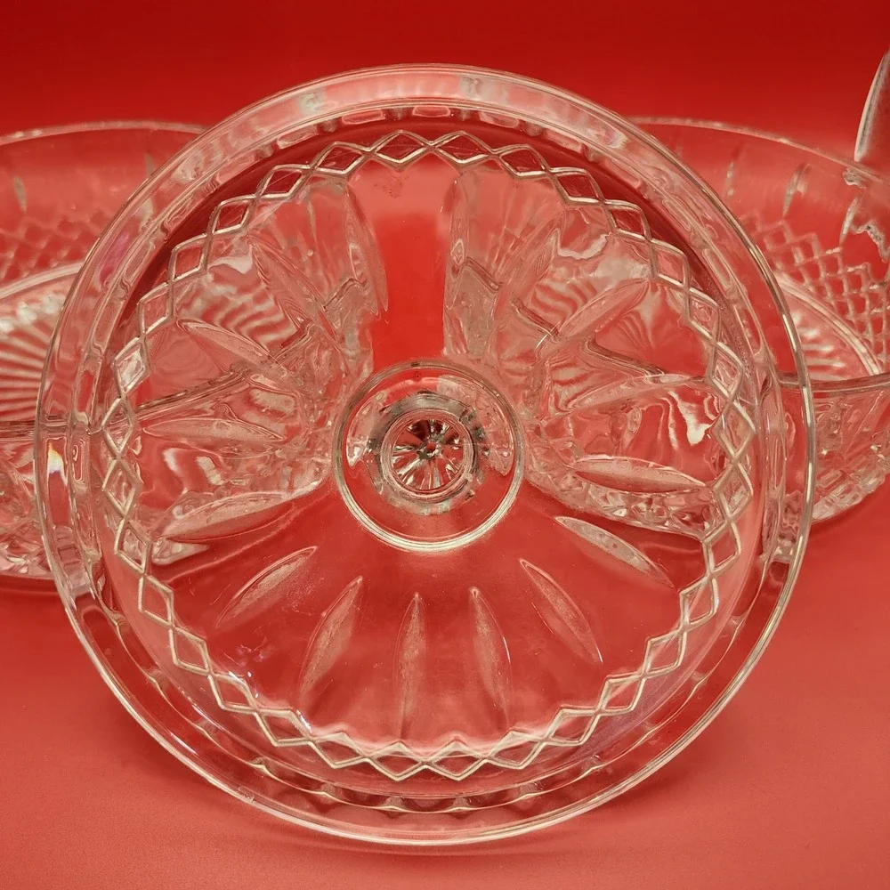Vintage Clear Pressed Glass 2 Tier Stacked Candy Dish with Lid Diamond Pattern